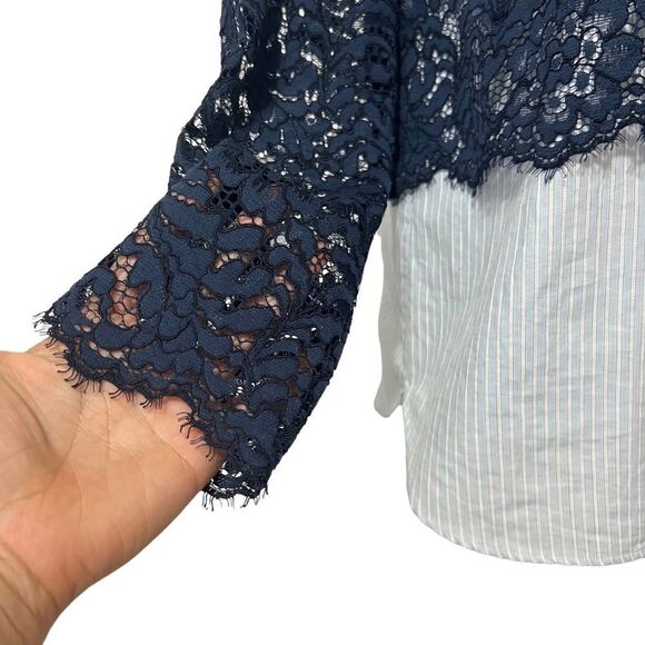 SANDRO PARIS Medium Lace Pinstriped Combo Blouse Long Sleeve Blouse - Picture 9 of 11